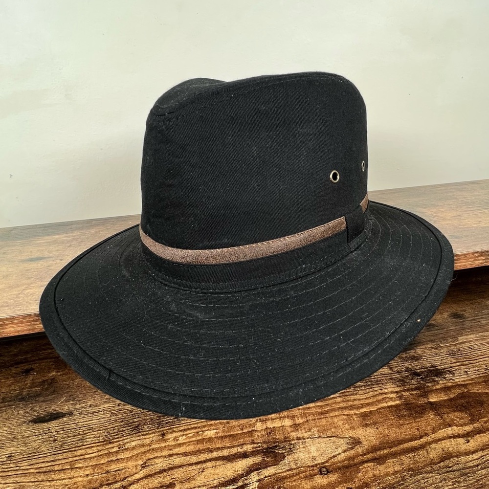 Fedora Black 100% Cotton Canvas Brown Leather Trim small/medium‎ hat